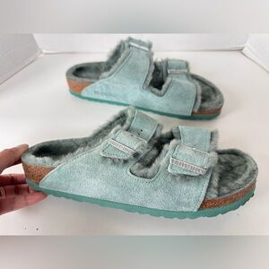 Birkenstock Arizona Buckle Shearling Lined Sandals Turquoise Slip On Slides Shoe